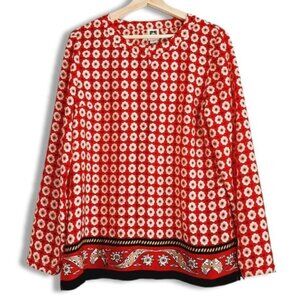 ANNE KLEIN Colorful Boho Floral Border Print Blouse Sz M Flawed